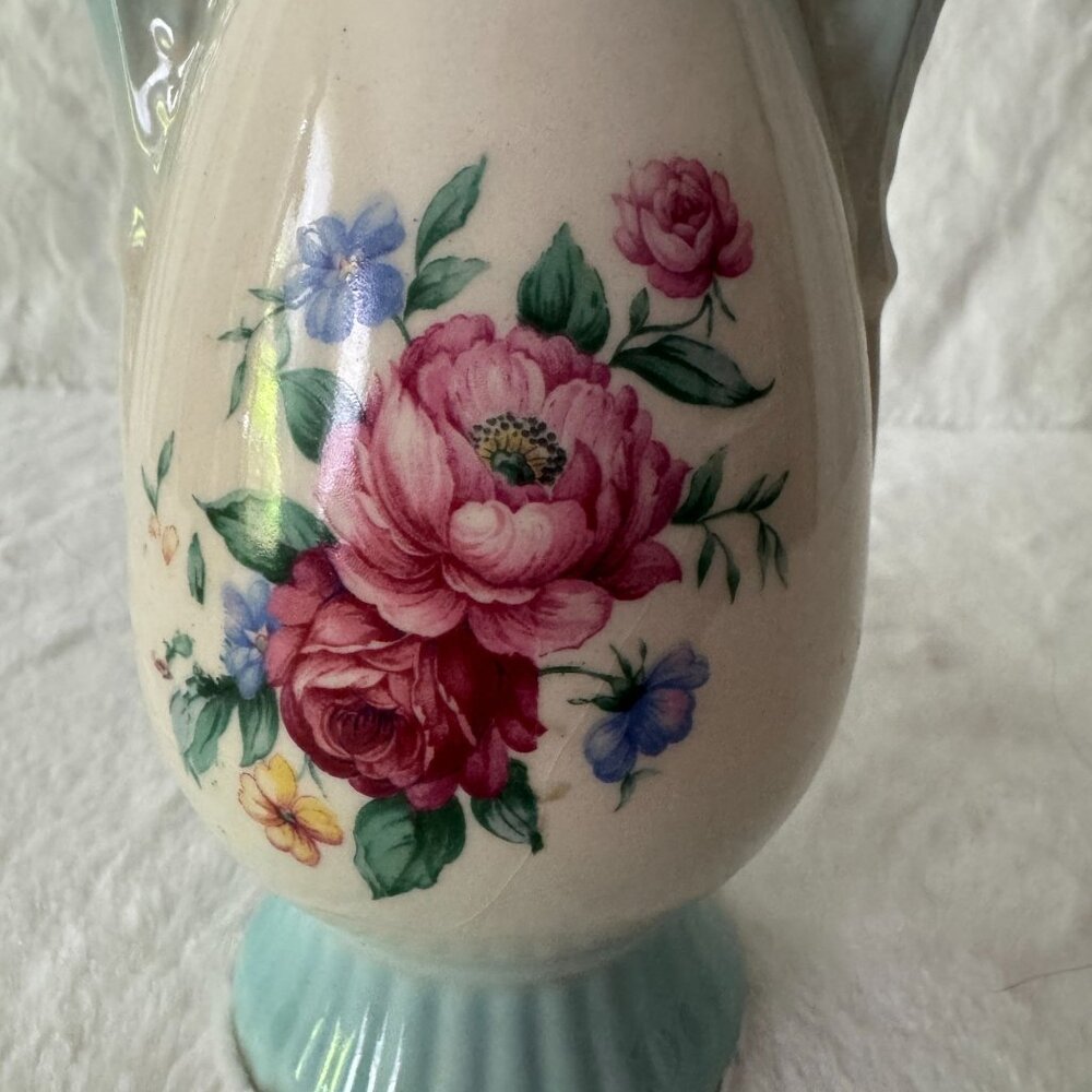 Vintage Royal Copley Vase 20th Century Shabby Chic Cottage Floral Blue Pink 7" - Picture 2 of 8